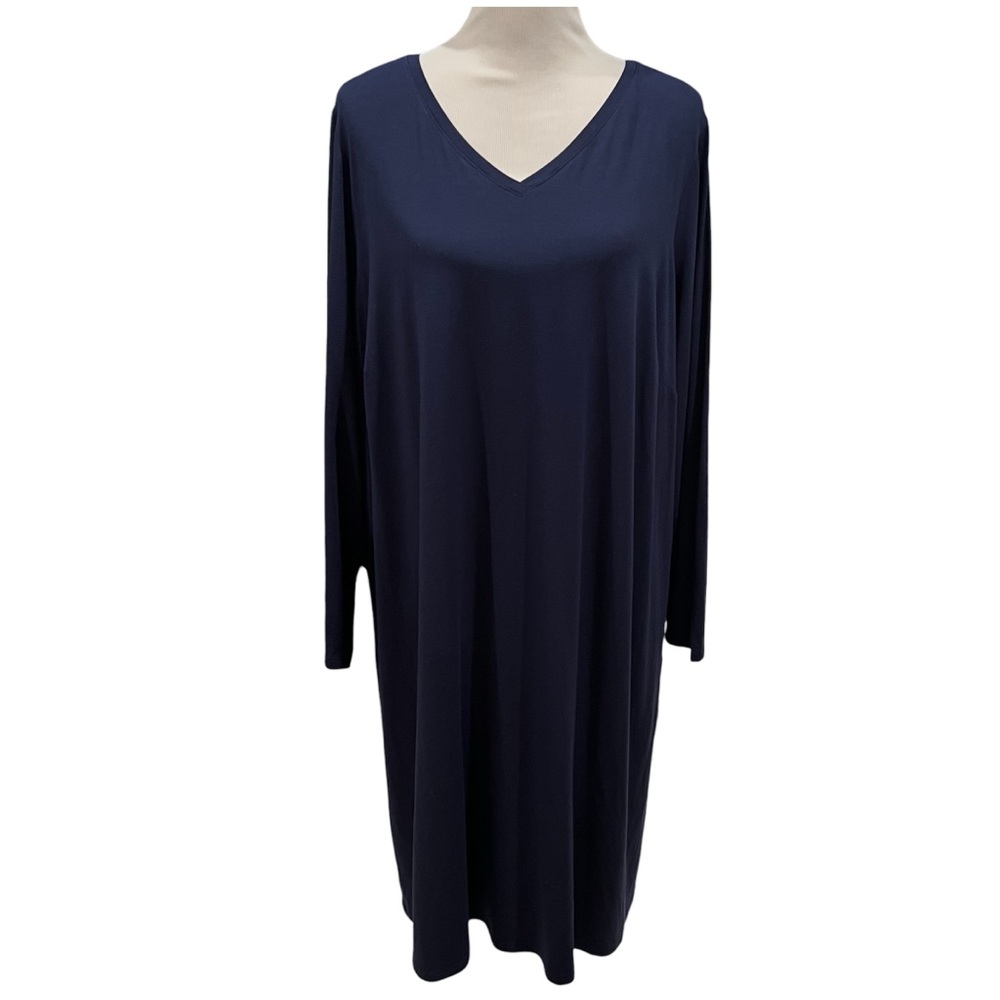 Eileen Fisher Navy Blue Plus Size V Neck Viscose Knit Dress 2X